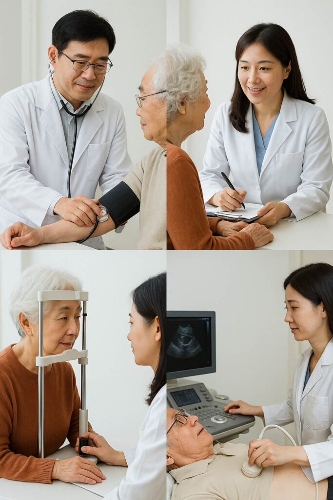시니어 의료 진료 장면 여러 개