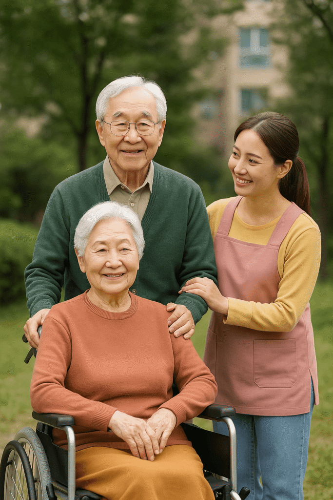 사회 복지사가 노인 돌봄 서비스 하고 있습니다.