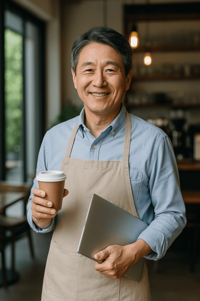 카페에서 일하는 시니어 바리스타