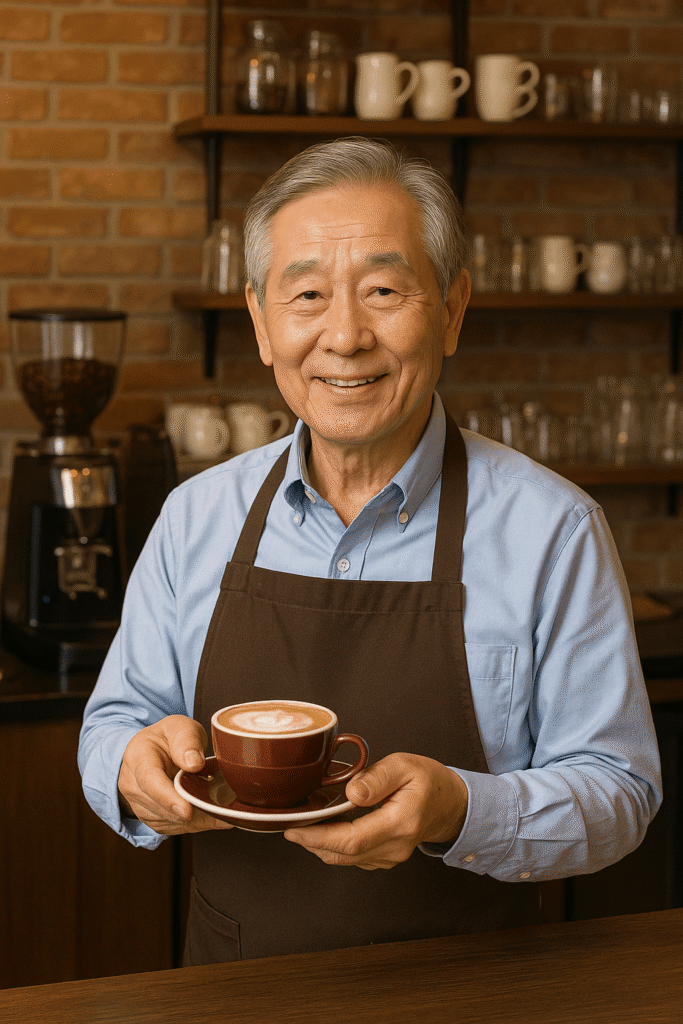 커피잔을 들고 있는 시니어 바리스타.