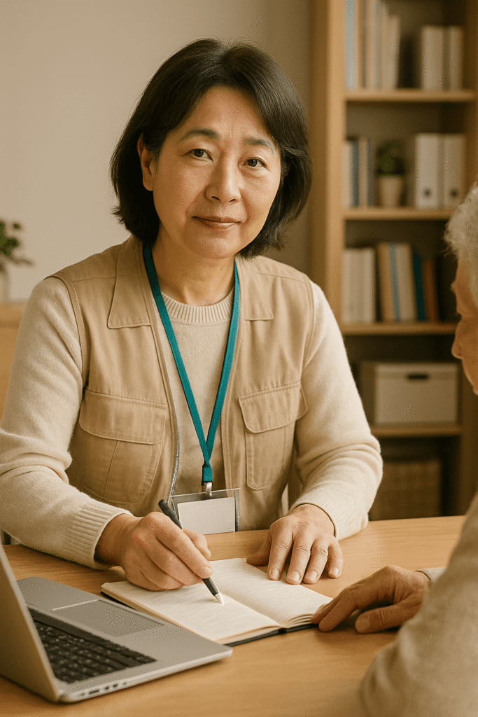 펜과 노트를 들고 테이블에 앉아 있는 사회복지사 여성