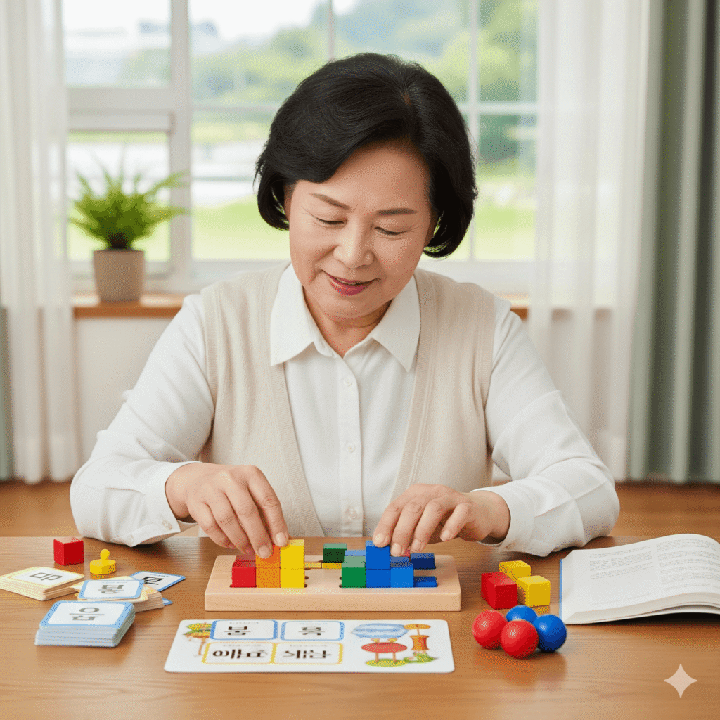 색깔 블록으로 두뇌운동 하는 모습